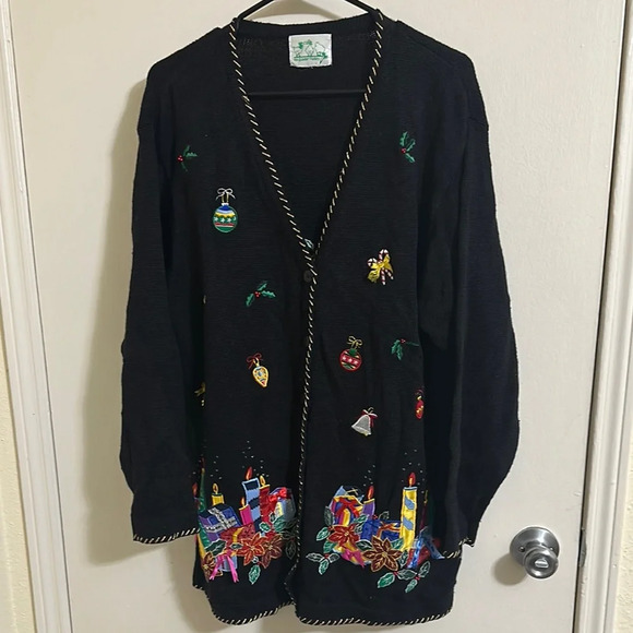 Vintage Embroidered Christmas Cardigan with Presents, Candles, Mistletoe, Bells - Picture 1 of 7